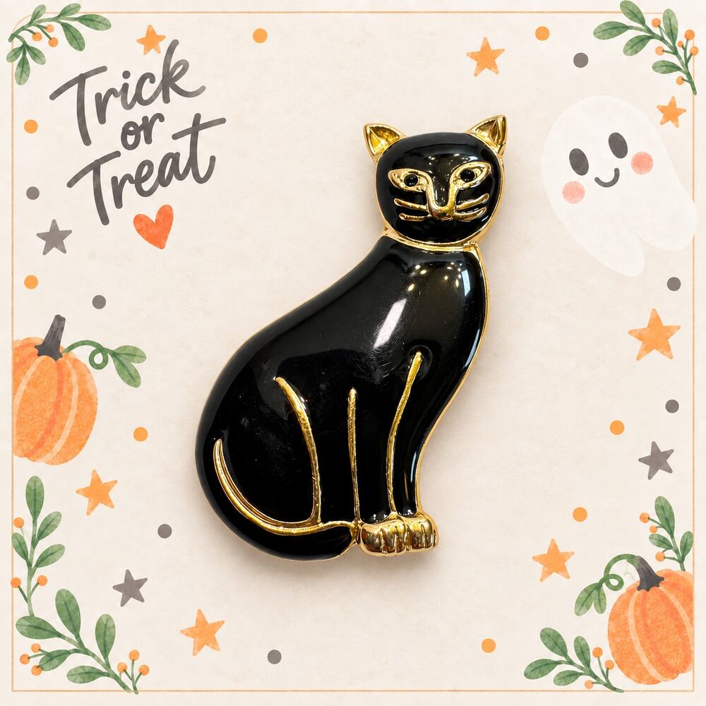 Black Cat Brooch Gold Tone Enamel Halloween Pin Vintage Style Jewelry CP223